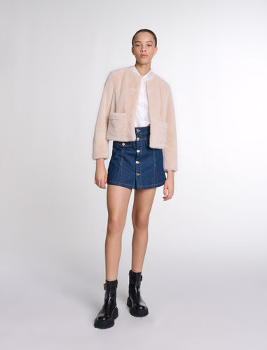 Cropped faux fur jacket : Blazers & Jackets color Beige