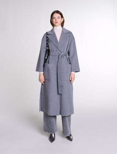 Long double-faced coat with belt : Coats color Grey