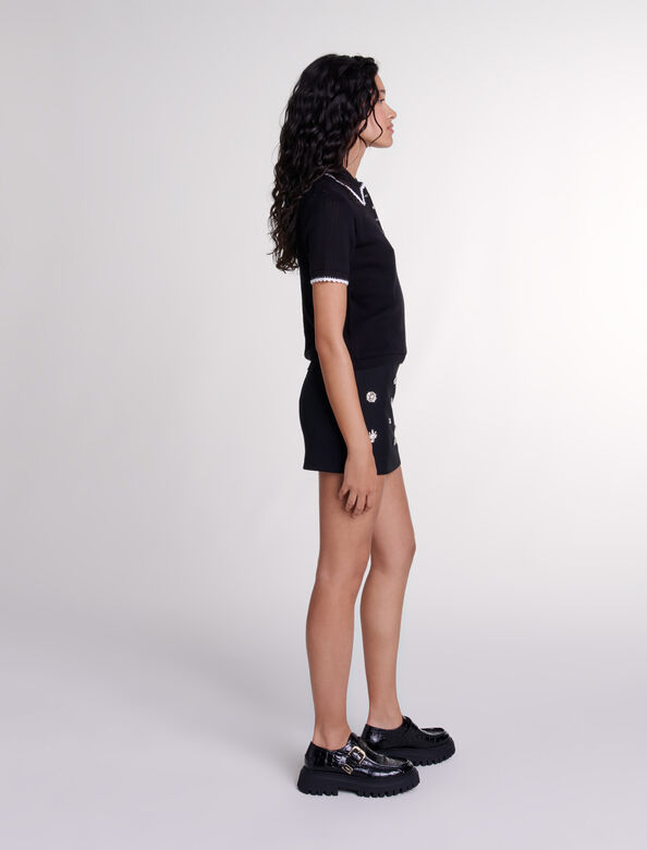 Pointelle knit polo shirt : Tops color Black