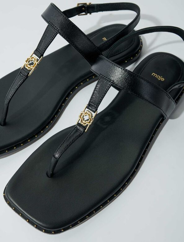 Flat leather strap sandals : View All color Black