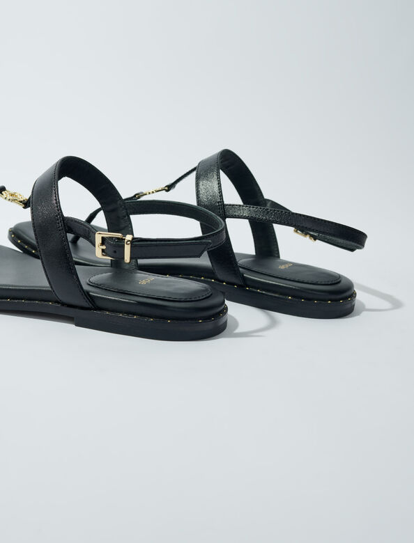 Flat leather strap sandals : View All color Black