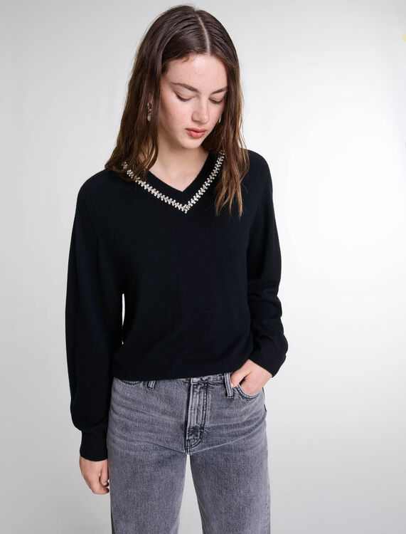 Knit jumper with rhinestone neck - Sweaters & Cardigans - MAJE