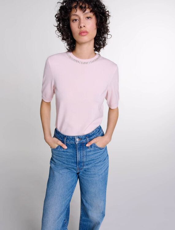 Knit crop jumper with rhinestones - Tops - MAJE