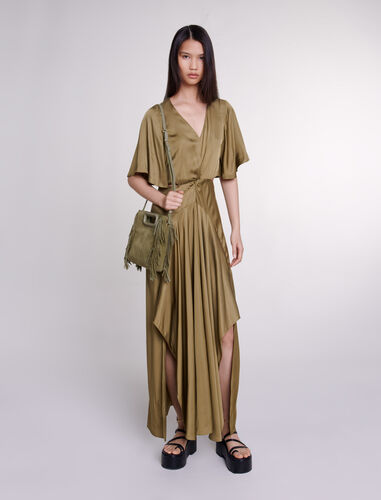 Openwork satin-effect maxi dress : View All color Khaki